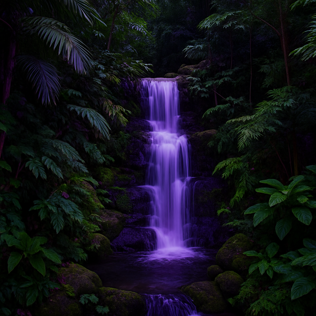 Jungle-style garden waterfall near the music room